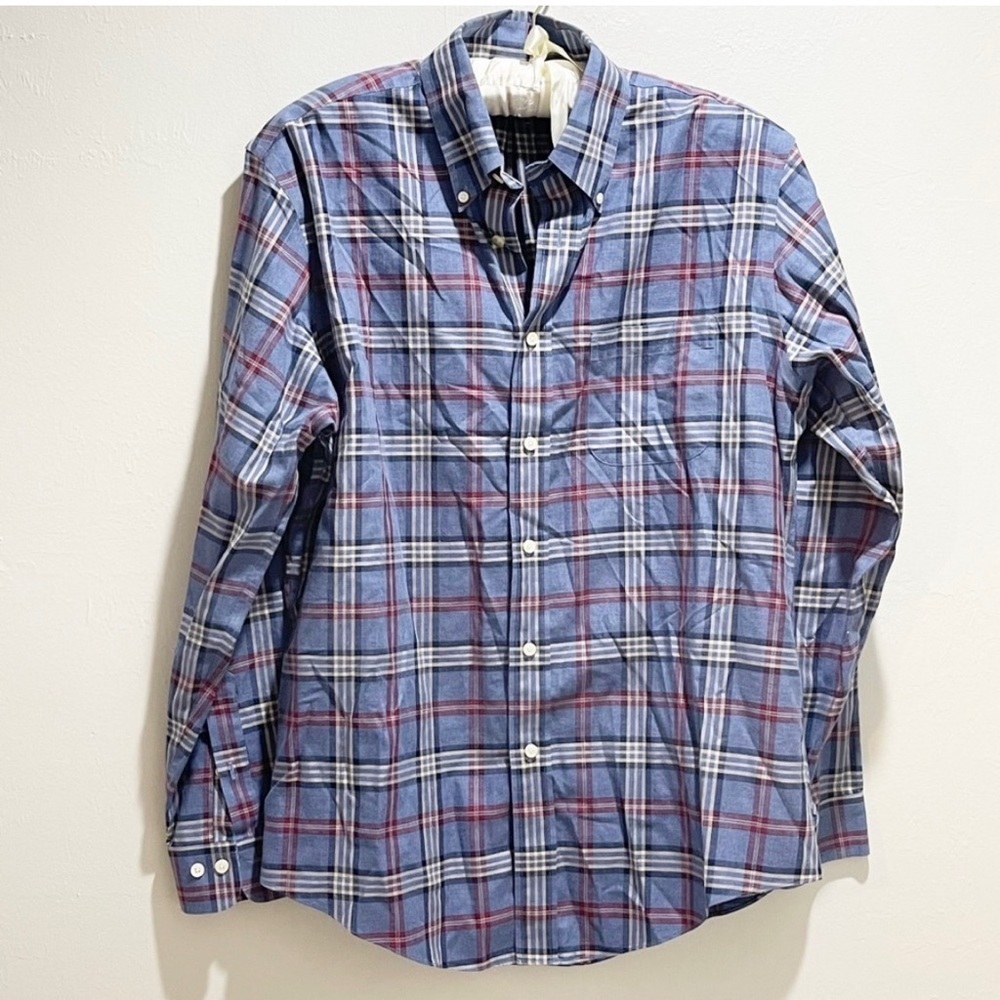 BROOKS BROS Mens THE ORIGINAL POLO SHIRT Blue Plaid Long Sleeve Non Iron Size L